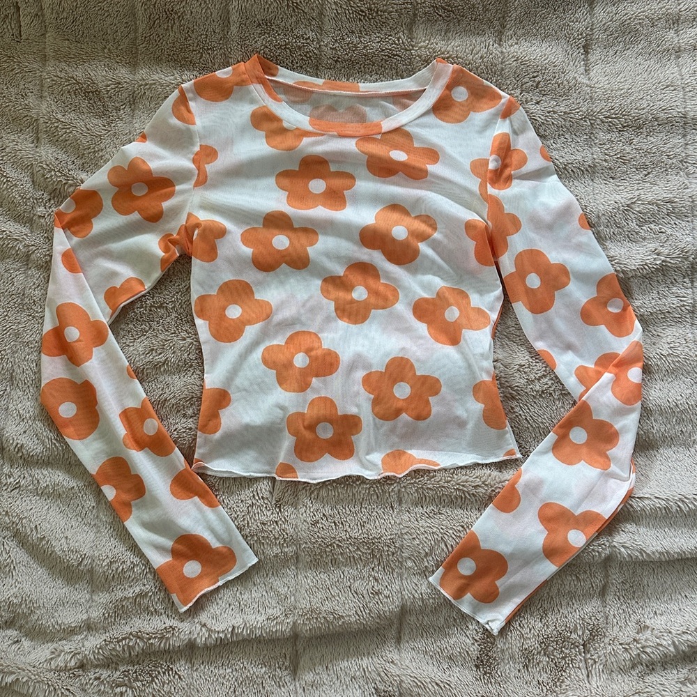Floral Long Sleeve Tee - Orange and White